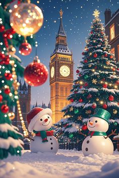 two snowmen standing in front of a christmas tree with big ben in the background