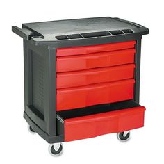 a red and black tool cart with four drawers on it's wheels, all in different colors