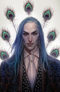 a man with long blue hair and green eyes wearing a black jacket, standing in front of peacock feathers