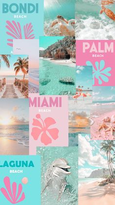 a collage of photos with the words, beach and palm trees in different colors