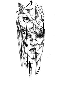 a woman's face with an owl on her head