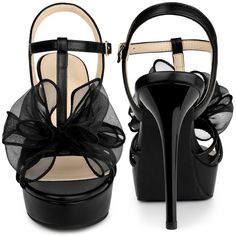 Are you looking for the perfect pair of heels to add to your shoe collection? Look no further than these t-strap slingback heel sandals! These sandals feature a platform design and mesh bow decor that will elongate your frame and give you an elegant look that will last all day long. The stiletto high heel adds an extra touch of sophistication to this already stunning shoe. These sandals are made with high-quality materials, including a faux leather vamp, rubber outsole, and ABS heel. They have a Chic Open Toe T-strap Sandals For Party, Black Slingback Pumps With Straps For Evening, Black Strappy Slingback Pumps For Party, Black Ankle Strap Slingback Sandals For Party, Black T-strap Slingback Sandals, Black T-strap Sandals For Evening In Summer, Chic T-strap Sandals For Night Out, Elegant Strappy Sandals For Party, Elegant Strap Sandals For Party