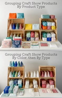 two shelves filled with different types of crafting items and text that says grouping craft show products by color, then by type