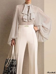 Olivia Mark - Stylish Long Sleeve Summer Top: Lightweight and Non-Stretch for an Elegant Look Rag Bag, Polka Dots Tops, Fashion Black And White, Summer Long Sleeve, White Top Women, White Short Sleeve Tops, Professional Wear, Loose Outfit, Mode Hijab