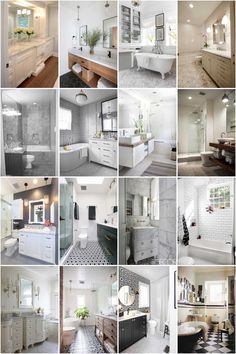 a collage of white and black bathroom designs