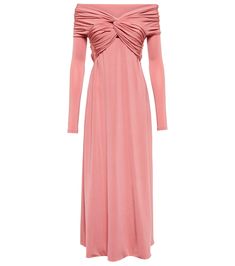 Made from pink fluid jersey with an artfully twisted bodice and off-shoulder neckline, the Cerna midi dress from Khaite is both elegant and minimalist. A circular cutout at the back emphasizes its sensual mood. | KHAITE Cerna off-shoulder midi dress Off Shoulder Midi Dress, Bodice, Cold Shoulder Dress, Off Shoulder, Bridesmaid Dresses, Online Store, Midi Dress, Wedding Dress, Luxury Fashion