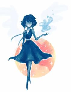 a drawing of a woman in a blue dress with stars on her chest and arms outstretched