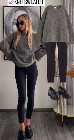 Trendy Loafer Outfit, Penny Loafers For Women Outfits Fall, Fall 2023 Fashion Trends Business Casual, Grey Sweater Black Pants Outfit, Charcoal Top Outfit, Women Black Loafers Outfit, Chunky Loafer Winter Outfit, What To Wear With Black Loafers, Grey Chinos Outfit Women