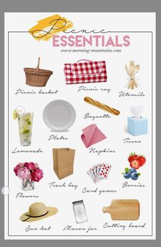 a poster with different types of items on it that include bread, wine glasses and other things