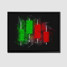 an abstract painting with red, green and white bars on black paper in front of a gray wall