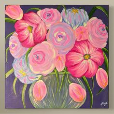 a painting of pink and white flowers in a green vase on a purple background,