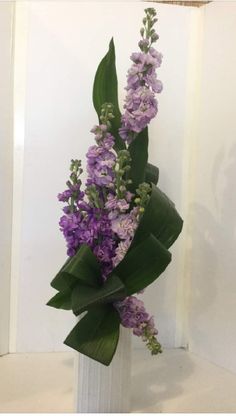 purple flowers are arranged in a white vase