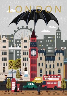 an illustration of london with the big ben clock tower in the background and people walking around