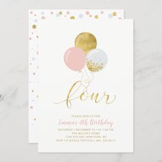 a birthday party card with balloons and confetti on the front, in gold foil