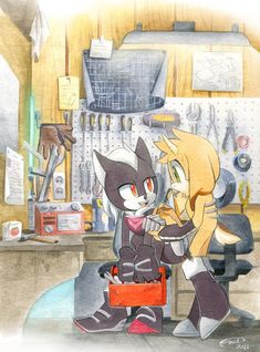 an image of two cartoon characters in the kitchen with tools on the wall behind them