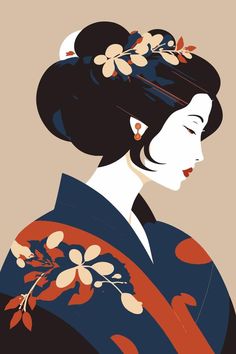 gueixa japonesa de retrato em quimono, mulher japonesa em ornamento floral tradicional Japanese Woman Illustration, Art Nouveau Graphic Design, Portrait Japanese, Geisha Illustration, Book Illustration Layout, Peter Rabbit And Friends, Japanese Pop Art, Kimono Japan, Zen Doodle Art