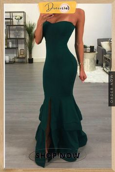 Women's Solid Color Elegant Strapless Fishtail Slit Long Dress Hi Friend, Perfect Dresses, Ruffle Gown, Professional Dress, Green Mermaid, Sweetheart Prom Dress, Professional Dresses, Elegant Party, Women Maxi