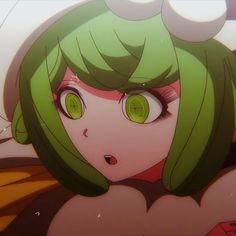 an anime character with green hair and big eyes