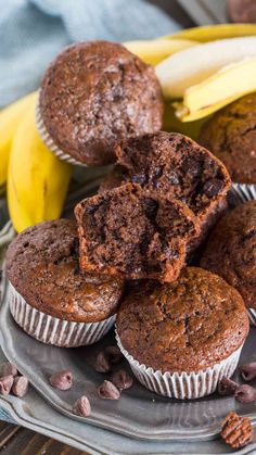 chocolate muffins and bananas on a plate