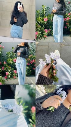 a collage of photos shows a woman taking pictures with her cell phone and holding flowers