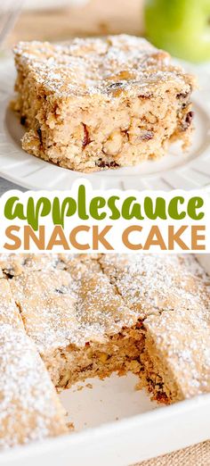 a close up of a cake on a plate with the words applesauce snack cake