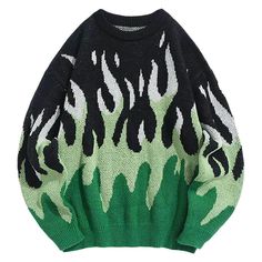 a green and black sweater with white flames on the front, against a white background