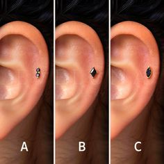 three different types of ear piercings are shown in this image, one is black and the other is white