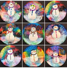 six snowmen painted in different colors and designs on paper plates with stars around them