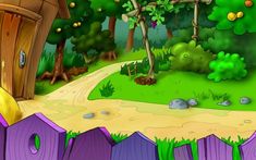 a cartoon scene with a path through the woods