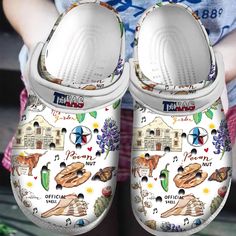 Texas Symbols White Clogs Shoes Lightweight construction with breathable mesh fabric provides a comfortable and flawless fit. Custom Crocs Shoes, Shoes Birthday Gift, Texas Symbols, Crocs Outfit, White Clogs, Custom Crocs, Halloween Shoes, Versatile Shoes, Crocs Classic Clogs