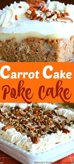 carrot cake with white frosting and pecans on top