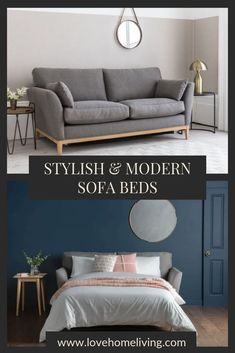 two different styles of sofas and bedding with text overlay that reads stylish & modern sofa beds