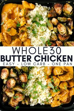 whole 30 butter chicken in a black container with rice and vegetables