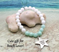 "♥ Item Details ♥ ♥ Details: Very pretty ocean-inspired gemstone bracelet with \"Sandy Toes and Salty Kisses\" stainless steel starfish charm. So pretty and eye-catching! Great gift for surfer girl, beach lover, or mermaid at heart. Comes gift-boxed. Sizing: Small to Medium: 6.0 - 6.5\" Medium to Large 6.5 - 7.0\" XLarge: up to 7.2\" Made with Aloha in Hawaii ♥ What You Will Receive ♥ ♥ One Bracelet ♥ Gift box with bow ♥ Visit our other Etsy shops! -HaoleGirlHaiku: Everything tropical -HaoleGirl Pretty Ocean, Bracelet Gift Box, Gifts For Surfers, Starfish Bracelet, Girl Beach, Beach Lover, Ocean Inspired, Bracelet Gemstone, Surfer Girl