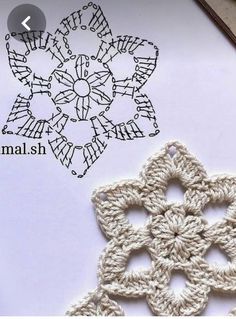 the crochet snowflake pattern is shown on top of a piece of paper