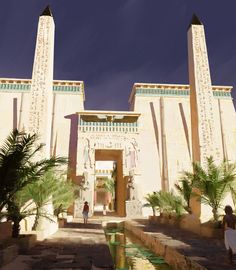 the entrance to an ancient egyptian temple with palm trees