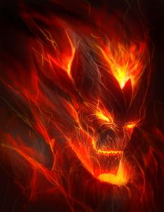 a demonic looking demon with red and yellow flames