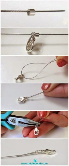 four pictures showing how to use scissors and wire for necklaces or pendants, with text overlay