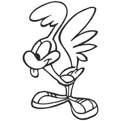 an image of the cartoon bird with wings on it's head and feet, in black and white