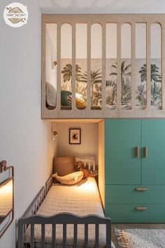 a small bedroom with a bunk bed next to a green cabinet and white rug on the floor