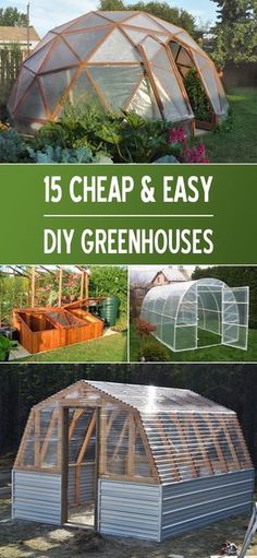 the cover of 15 cheap and easy diy greenhouses