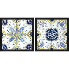 two blue and yellow wall art pieces on a white background, each with an ornate design