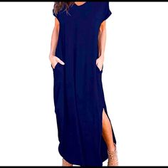 Nwt! Who Loves To Look Chic & Feel Like You’re In Our Pjs While Doing It? I Do. If You Do This Maxi Dresses For You. By The Time I Got A Chance To Wear It I Lost Too Much Weight. -Deep Rich Navy Blue - Loose Relaxed Fit -Two Convenient Side Pockets - Low Back As Seen In Photo - Slits Up Each Side Tunic Sweaters, Women Maxi Dresses Summer, Tunic Shirts, Comfortable Swimwear, Very Short Dress, Plain Maxi Dress, Casual Short Sleeve Dress, Top Strapless, Evening Tops