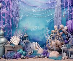 an ocean scene with purple and blue decorations