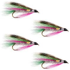 three different colored flies with black tips and green, pink, and yellow feathers on white background