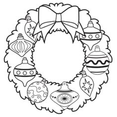 a christmas wreath with ornaments around it and a bow on the top, in black and white