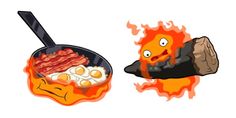 an angry frying pan with eggs and bacon in it next to a cartoon character