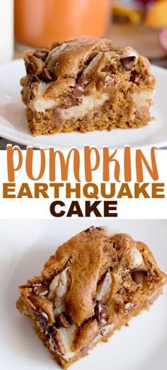 there are two pieces of pumpkin earth cake on the plate and one piece is cut in half