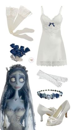 the corpse bride costume is shown with accessories