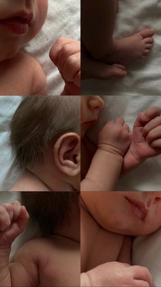 four different images of a baby's head and hands